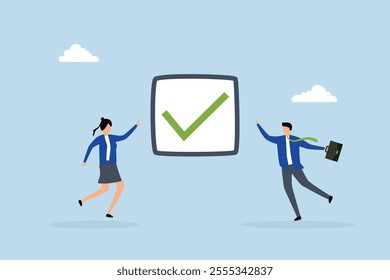 Complete task,  Joyful professionals rejoice with a completed checkmark after successfully finishing a challenging project. 