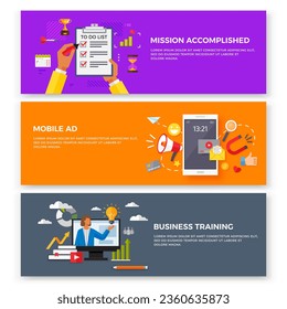Complete task, mission accomplished, digital advertising social media online marketing, business seminar, conference, mobile ad web page set. Company personnel training, career development course