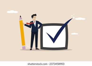 Complete tasks completing work, completing checklist, project management or survey good results, productive concept, happy businessman ticking off to-do list or completing work.