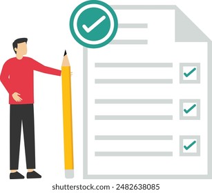 complete tasks or work concept, finish work check mark, Businessman make the right choice, Checkbox, Correct answer, Businessman, Selection, Vector web background illustration