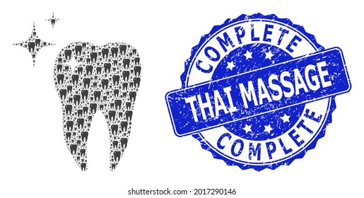 Complete Thai Massage corroded round stamp seal and vector recursion collage excellent tooth. Blue seal includes Complete Thai Massage caption inside round shape.