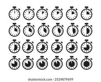 Complete Timers Icon Set: Countdown Timer Symbols for Every Minute, Stopwatch Designs and Minute Markers. Vector Collection