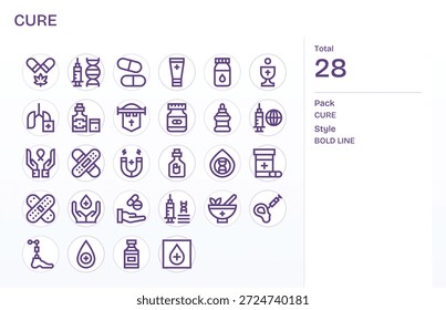 Um kit completo de ferramentas com 28 ícones Bold Line para Cure, ideal para interfaces de nível empresarial.