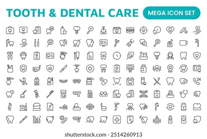 Colección de iconos de cuidado dental y dental completa: Perfecto para la higiene oral, herramientas para dentistas, medidas preventivas, soluciones de blanqueamiento y cuidado dental integral