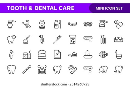 Complete Tooth and Dental Care Icon Collection: Perfect for Oral Hygiene, Dentist Tools, Preventive Measures, Whitening Solutions, and Comprehensive Dental Care