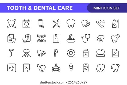 Complete Tooth and Dental Care Icon Collection: Perfect for Oral Hygiene, Dentist Tools, Preventive Measures, Whitening Solutions, and Comprehensive Dental Care