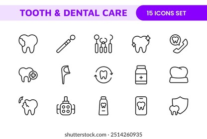 Complete Tooth and Dental Care Icon Collection: Perfect for Oral Hygiene, Dentist Tools, Preventive Measures, Whitening Solutions, and Comprehensive Dental Care