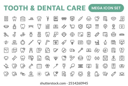 Complete Tooth and Dental Care Icon Collection: Perfect for Oral Hygiene, Dentist Tools, Preventive Measures, Whitening Solutions e Comprehensive Dental Care