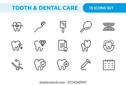 Complete Tooth and Dental Care Icon Collection: Perfect for Oral Hygiene, Dentist Tools, Preventive Measures, Whitening Solutions e Comprehensive Dental Care
