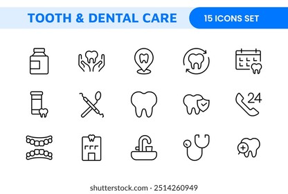 Complete Tooth and Dental Care Icon Collection: Perfect for Oral Hygiene, Dentist Tools, Preventive Measures, Whitening Solutions, and Comprehensive Dental Care