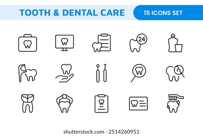 Complete Tooth and Dental Care Icon Collection: Perfect for Oral Hygiene, Dentist Tools, Preventive Measures, Whitening Solutions, and Comprehensive Dental Care