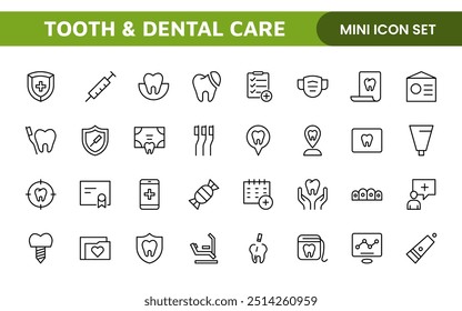 Complete Tooth and Dental Care Icon Collection: Perfect for Oral Hygiene, Dentist Tools, Preventive Measures, Whitening Solutions, and Comprehensive Dental Care