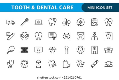 Complete Tooth and Dental Care Icon Collection: Perfect for Oral Hygiene, Dentist Tools, Preventive Measures, Whitening Solutions, and Comprehensive Dental Care