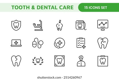 Complete Tooth and Dental Care Icon Collection: Perfect for Oral Hygiene, Dentist Tools, Preventive Measures, Whitening Solutions, and Comprehensive Dental Care