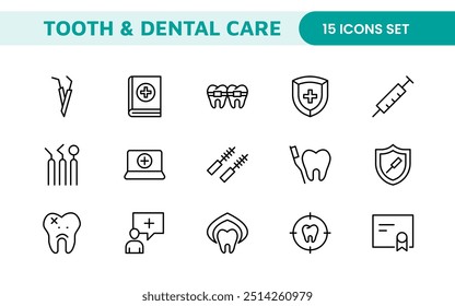 Complete Tooth and Dental Care Icon Collection: Perfect for Oral Hygiene, Dentist Tools, Preventive Measures, Whitening Solutions, and Comprehensive Dental Care