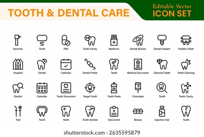 Complete Tooth and Dental Care Icon Collection. Perfect for Oral Hygiene, Dentist Tools, Preventive Measures, Whitening Solutions, and Comprehensive Dental Care