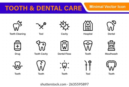 Complete Tooth and Dental Care Icon Collection. Perfect for Oral Hygiene, Dentist Tools, Preventive Measures, Whitening Solutions, and Comprehensive Dental Care