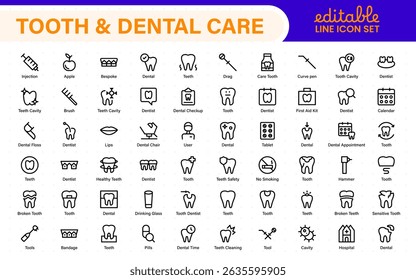 Complete Tooth and Dental Care Icon Collection. Perfect for Oral Hygiene, Dentist Tools, Preventive Measures, Whitening Solutions, and Comprehensive Dental Care