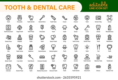 Complete Tooth and Dental Care Icon Collection. Perfect for Oral Hygiene, Dentist Tools, Preventive Measures, Whitening Solutions, and Comprehensive Dental Care