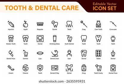 Complete Tooth and Dental Care Icon Collection. Perfect for Oral Hygiene, Dentist Tools, Preventive Measures, Whitening Solutions, and Comprehensive Dental Care