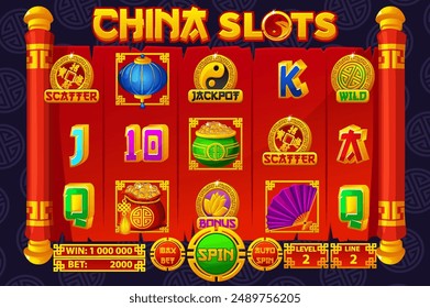 Complete UI for slot games. Chinese-themed Casino Game. Set of 12 Slot symbols. The game user interface is cartoon-style with basic buttons