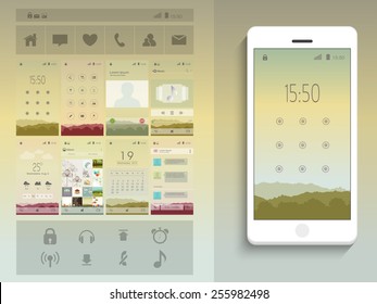 Complete UI, UX, and GUI screens with flat icons, elements for Mobile Apps including lock screen, calling screen, chat screen, calendar screen, music player screen and image gallery screen.