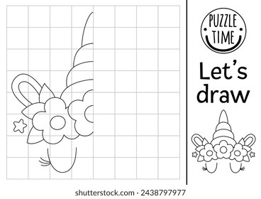 Complete the unicorn head. Vector symmetrical drawing practice worksheet with fantasy animal. Printable fairytale black and white activity for kids. Magic copy the picture coloring page 
