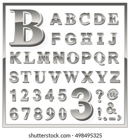 Complete upper case set of grayscale metallic numbers and alphabet letters with additional punctuation, ampersand, exclamation and question marks in a square frame, vector illustration