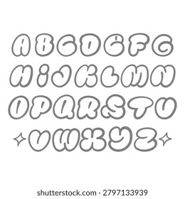 Complete uppercase alphabet set showcasing urban bubble throwup typeface character kit decorated with small starburst details perfect for creating streetwear brand clothing patch clip art.