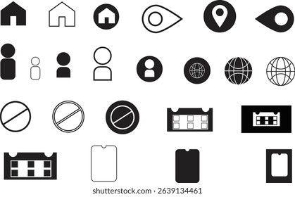 Complete User Interface Vector Icon Pack with Location, User, Home, Globe and Restriction Signs