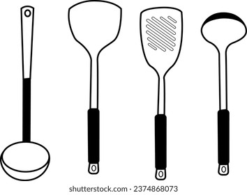 A complete vector assortment of kitchen utensils, including a ladle, solid turner, slotted turner, and a soup ladle for all your cooking needs.