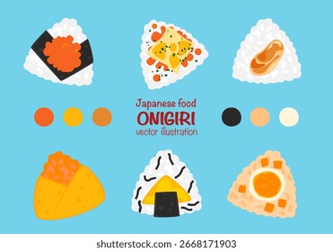 Coleção vetorial completa de bolas de arroz Onigiri japonês com várias coberturas e recheios, isolados em um fundo branco. Perfeito para decoração de menu, embalagem, design de comida asiática e decoração.
