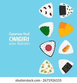 Colección completa de Vector de bolas de arroz japonesas Onigiri con varios aderezos y rellenos, aislados sobre un fondo blanco. Perfecto para la decoración del menú, embalaje, diseño de alimentos asiáticos y decoración.