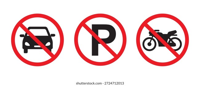 Un conjunto completo de íconos de Vector que ilustra las señales de "No se permite ningún vehículo", que incluyen no estacionamiento, no automóviles y no motocicletas. Perfecto para diseños de seguridad vial, señalización urbana, advertencias viales y proyectos de símbolos de prohibición. Formato de Vector totalmente editable y escalable.