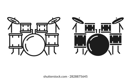 A complete vector icon set representing a professional drum kit. Includes bass drum snare toms and cymbals in both crisp line art and solid black styles for music schools or band branding.