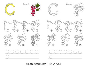 Complete vector illustrated alphabet with kid games. Learn handwriting. Easy educational kid game. Simple level of difficulty. Gaming and education. Drawing tutorial for letter C. The red currant.