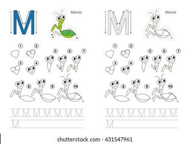 Complete vector illustrated alphabet with kid games. Learn handwriting. Easy educational kid game. Simple level of difficulty. Gaming and education. Drawing tutorial for letter M. The mantis.