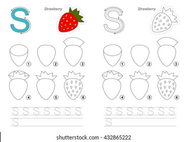 Complete vector illustrated alphabet with kid games. Learn handwriting. Easy educational kid game. Simple level of difficulty. Gaming and education. Drawing tutorial for letter S. Red Strawberry.