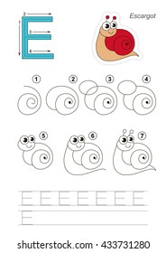 Complete vector illustrated alphabet with kid games. Learn handwriting. Easy educational kid game. Simple level of difficulty. Gaming and education. Drawing tutorial for letter E. Red escargot.