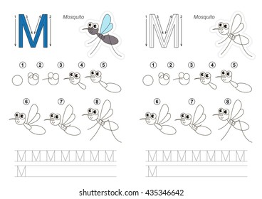 Complete vector illustrated alphabet with kid games. Learn handwriting. Easy educational kid game. Simple level of difficulty. Gaming and education. Drawing tutorial for letter M. Mosquito Pest.