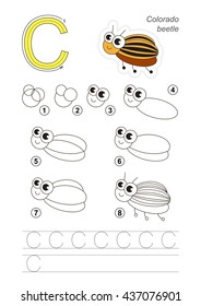 Complete vector illustrated alphabet with kid games. Learn handwriting. Easy educational kid game. Simple game level. Gaming and education. Drawing tutorial for letter C. Colorado Potato Beetle.