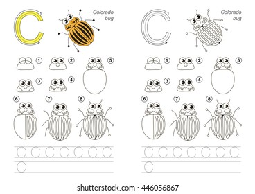 Complete vector illustrated alphabet with kid games. Learn handwriting. Easy educational kid game. Simple level of difficulty. Gaming and education. Drawing tutorial for letter C. Colorado bug.