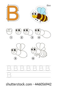 Complete vector illustrated alphabet with kid games. Learn handwriting. Easy educational kid game. Simple level of difficulty. Gaming and education. Drawing tutorial for letter B. The Bee.