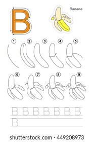 Complete vector illustrated alphabet with kid games. Learn handwriting. Easy educational kid game. Simple level of difficulty. Gaming and education. Drawing tutorial for letter B. The Banana.