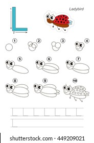 Complete vector illustrated alphabet with kid games. Learn handwriting. Easy educational kid game. Simple level of difficulty. Gaming and education. Drawing tutorial for letter L. Funny Ladybug.