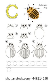 Complete vector illustrated alphabet with kid games. Learn handwriting. Easy educational kid game. Simple game level. Gaming and education. Drawing tutorial for letter C. Colorado Potato Beetle.