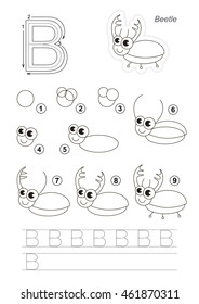 Complete vector illustrated alphabet with kid games. Learn handwriting. Easy educational kid game. Simple level of difficulty. Gaming and education. Drawing tutorial for letter B. The cute Bug.