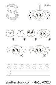 Complete vector illustrated alphabet with kid games. Learn handwriting. Easy educational kid game. Simple level of difficulty. Gaming and education. Drawing tutorial for letter S. The Cute Spider.