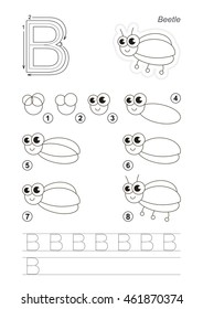 Complete vector illustrated alphabet with kid games. Learn handwriting. Easy educational kid game. Simple level of difficulty. Gaming and education. Drawing tutorial for letter B. The small beetle.