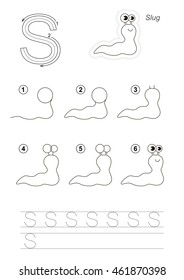 Complete vector illustrated alphabet with kid games. Learn handwriting. Easy educational kid game. Simple level of difficulty. Gaming and education. Drawing tutorial for letter S. The Funny Slug.